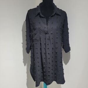 Swiss Dot Women's Collared Oversized Shirt Dress Large Black Textured Whimsigoth